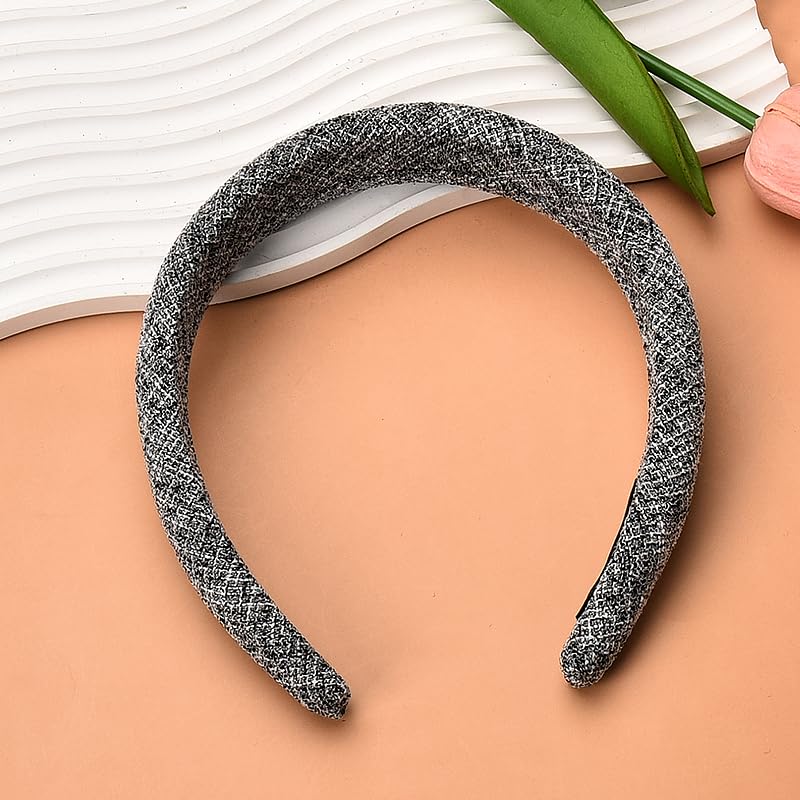 Kefley Tweed Puffy Headband Wide Padded Headbands for Women’s Hair Non Slip Fashion Thick Sponge Headband Hairband Head Band Gray Chunky Headband for Women Trendy Headwear - Image 3
